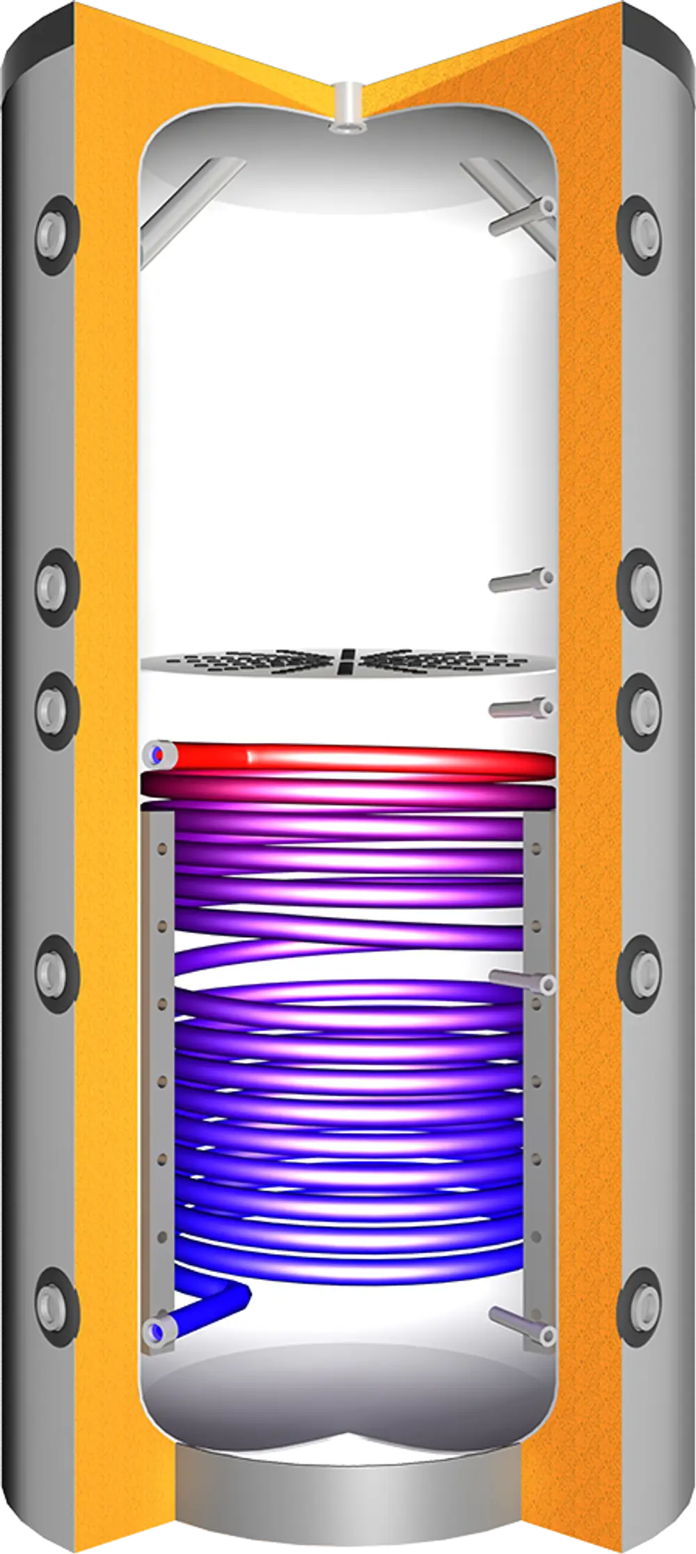 Vertikaler Pufferspeicher von Juratherm mit Spiralrohr im Innenbereich, versehen mit roten und blauen Leitungen zur Wärmeverteilung, in einem grauen Gehäuse.